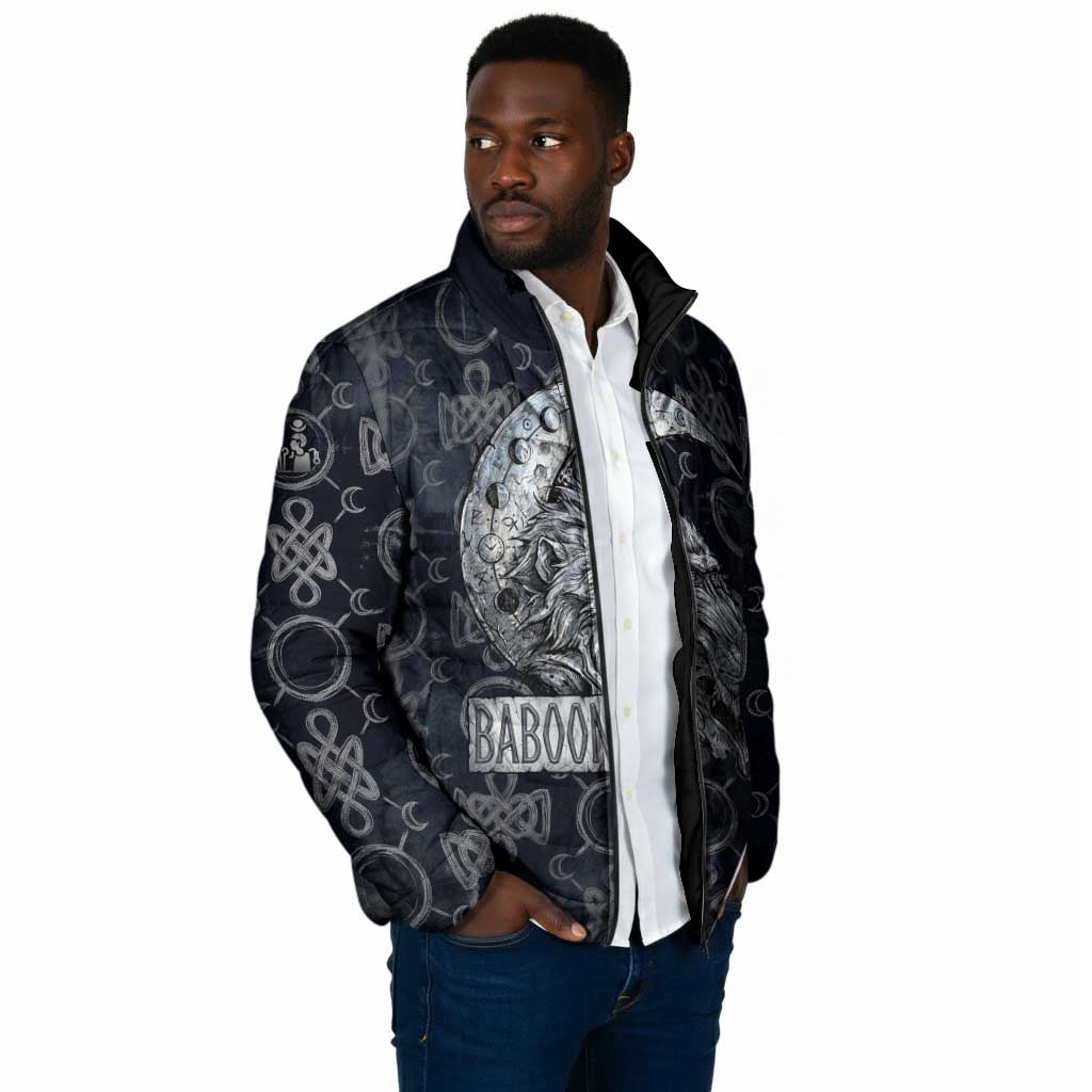 Khonsu Ancient Egyptian Padded Jacket with Dark Celtic Knot Pattern, Baboon Guardian Symbol, and Moon Healer Motif - Wonder Print Shop