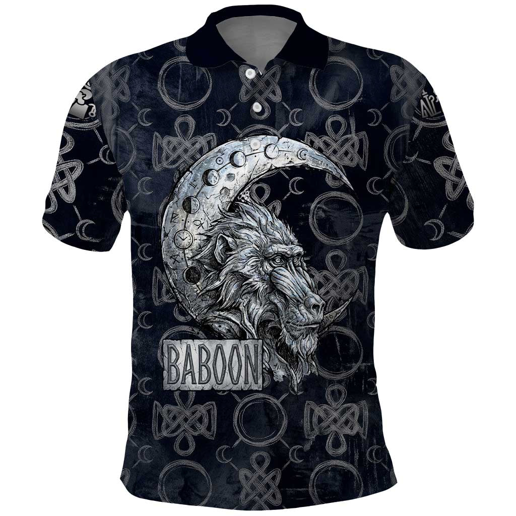 Khonsu Ancient Egyptian Polo Shirt with Dark Celtic Knot Pattern, Baboon Guardian Symbol, and Moon Healer Motif - Wonder Print Shop