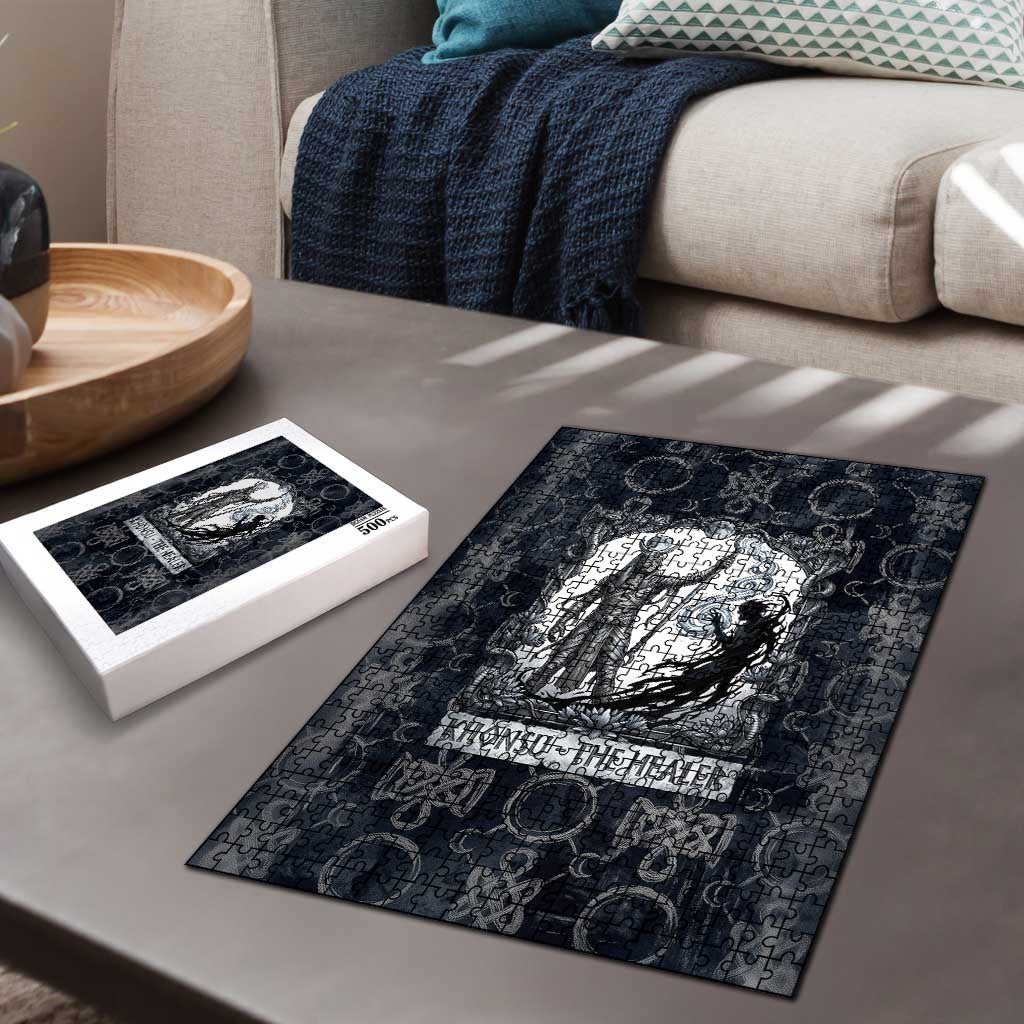 Khonsu Ancient Egyptian Puzzle with Dark Celtic Knot Pattern, Baboon Guardian Symbol, and Moon Healer Motif - Wonder Print Shop