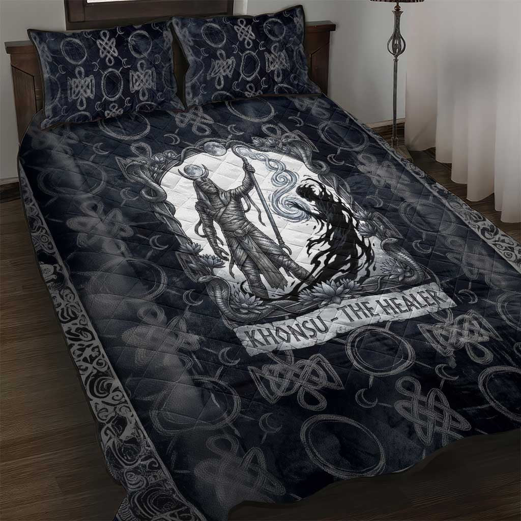 Khonsu Ancient Egyptian Quilt Bed Set with Dark Celtic Knot Pattern, Baboon Guardian Symbol, and Moon Healer Motif - Wonder Print Shop
