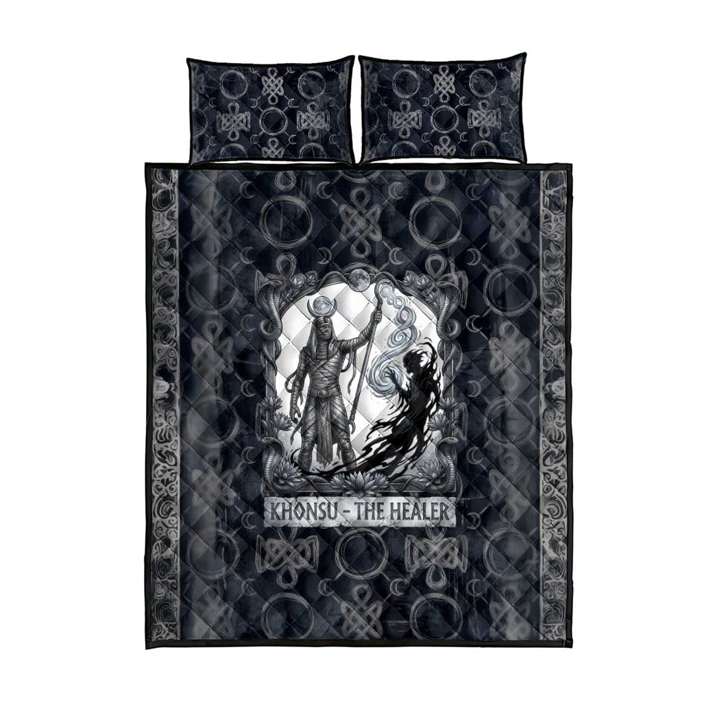Khonsu Ancient Egyptian Quilt Bed Set with Dark Celtic Knot Pattern, Baboon Guardian Symbol, and Moon Healer Motif - Wonder Print Shop