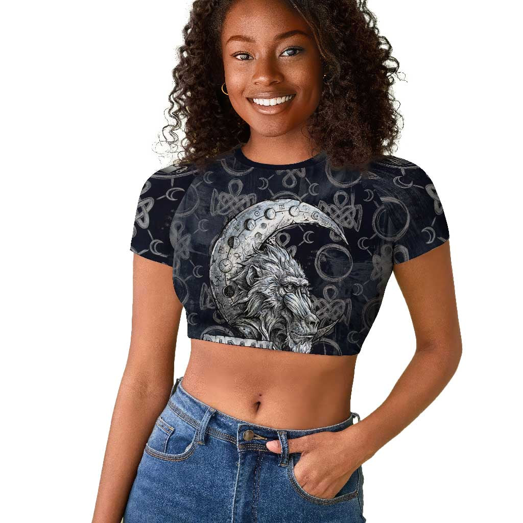 Khonsu Ancient Egyptian Raglan Cropped T shirt with Dark Celtic Knot Pattern, Baboon Guardian Symbol, and Moon Healer Motif - Wonder Print Shop