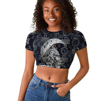 Khonsu Ancient Egyptian Raglan Cropped T shirt with Dark Celtic Knot Pattern, Baboon Guardian Symbol, and Moon Healer Motif - Wonder Print Shop