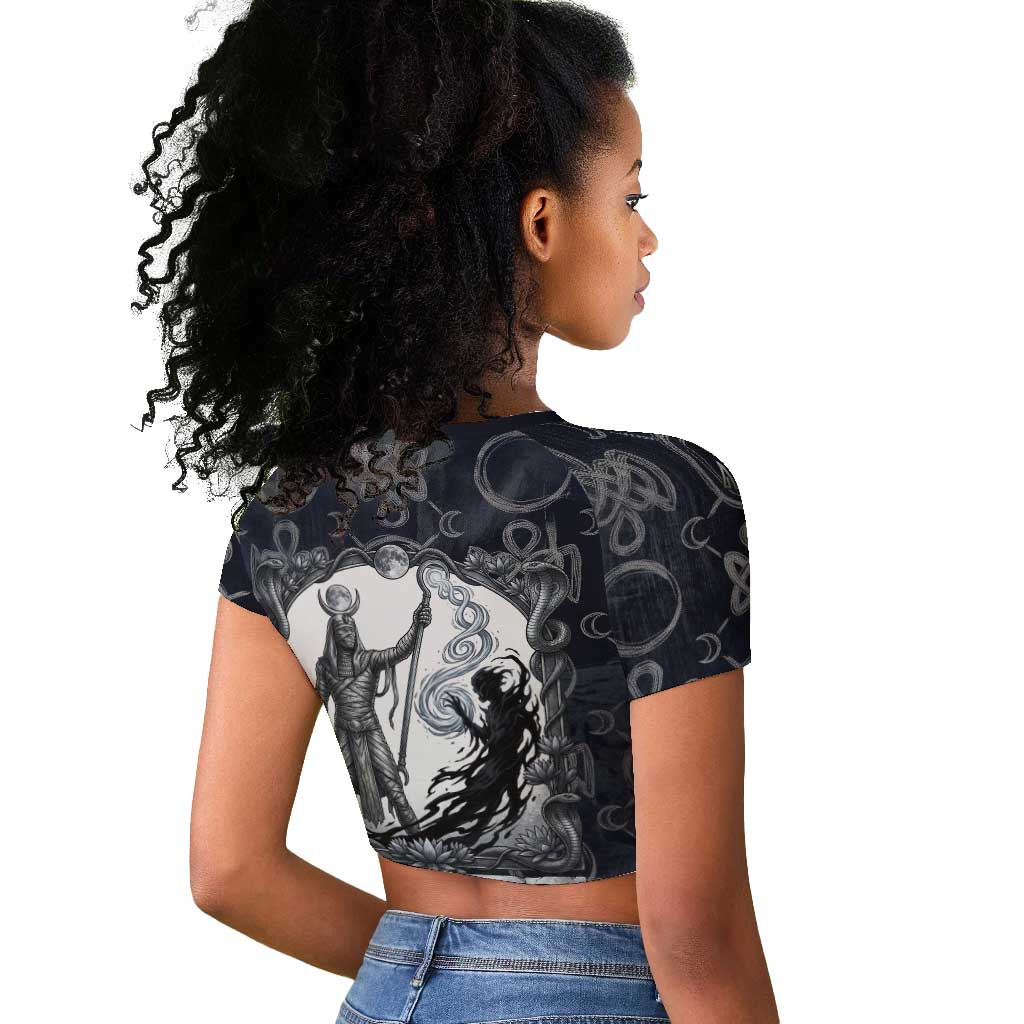 Khonsu Ancient Egyptian Raglan Cropped T shirt with Dark Celtic Knot Pattern, Baboon Guardian Symbol, and Moon Healer Motif - Wonder Print Shop