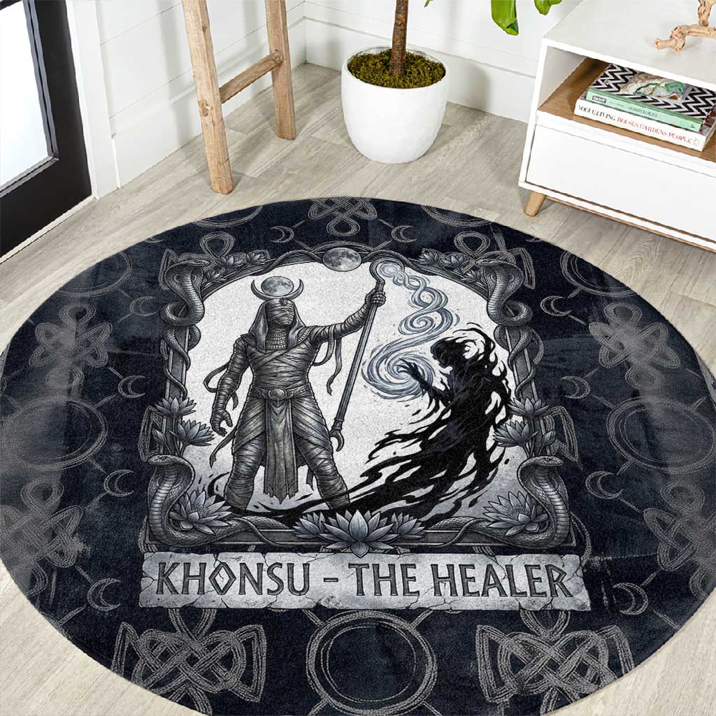 Khonsu Ancient Egyptian Round Carpet with Dark Celtic Knot Pattern, Baboon Guardian Symbol, and Moon Healer Motif - Wonder Print Shop