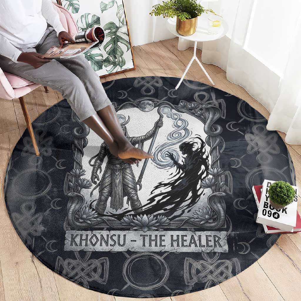 Khonsu Ancient Egyptian Round Carpet with Dark Celtic Knot Pattern, Baboon Guardian Symbol, and Moon Healer Motif - Wonder Print Shop