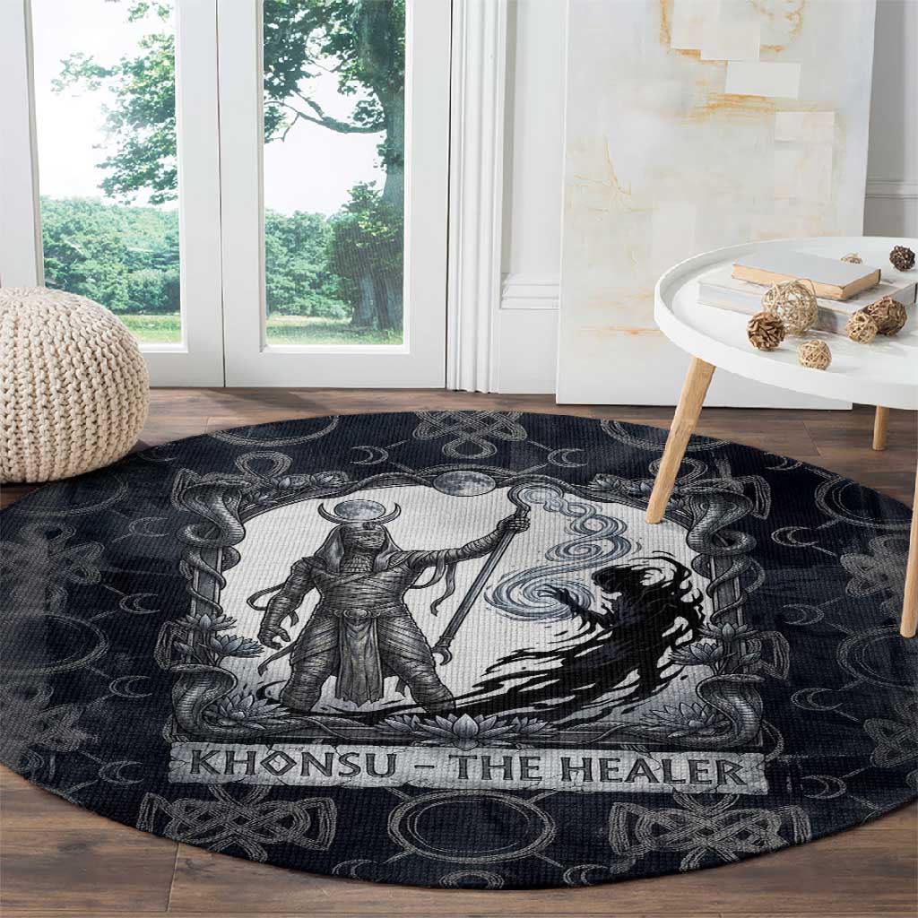 Khonsu Ancient Egyptian Round Carpet with Dark Celtic Knot Pattern, Baboon Guardian Symbol, and Moon Healer Motif - Wonder Print Shop
