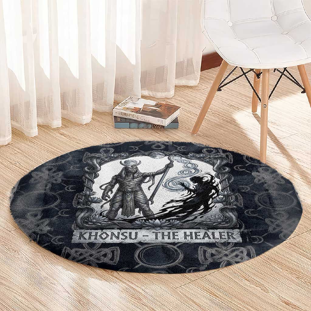 Khonsu Ancient Egyptian Round Carpet with Dark Celtic Knot Pattern, Baboon Guardian Symbol, and Moon Healer Motif - Wonder Print Shop