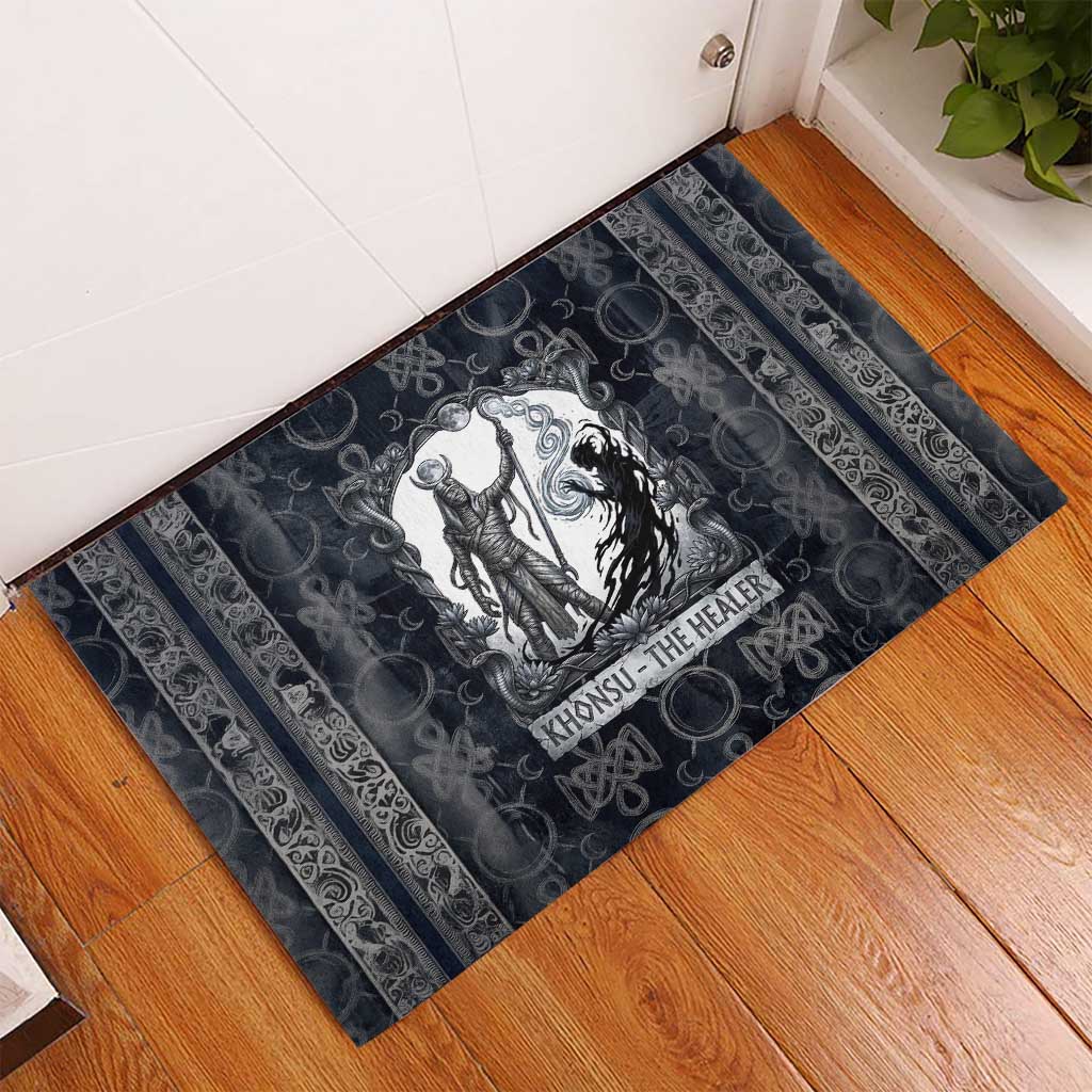 Khonsu Ancient Egyptian Rubber Doormat with Dark Celtic Knot Pattern, Baboon Guardian Symbol, and Moon Healer Motif - Wonder Print Shop