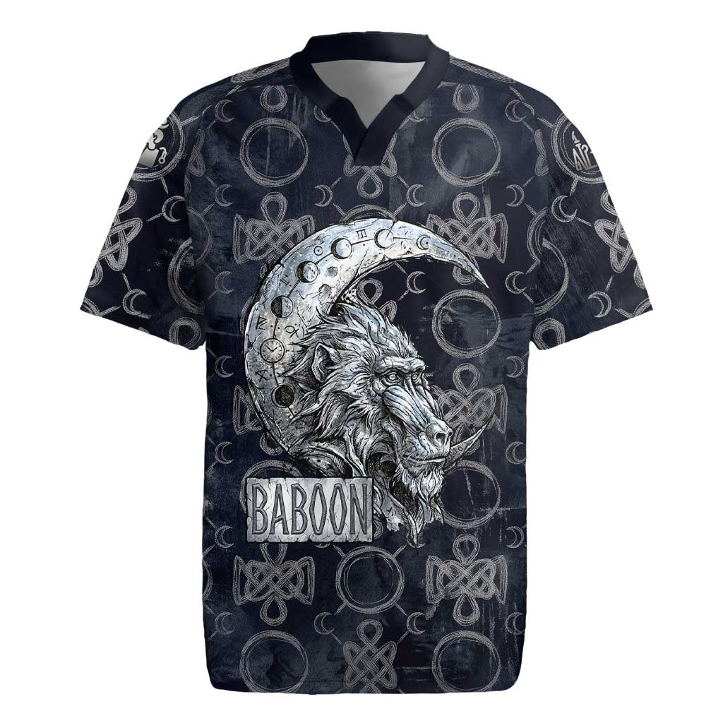 Khonsu Ancient Egyptian Rugby Jersey with Dark Celtic Knot Pattern, Baboon Guardian Symbol, and Moon Healer Motif - Wonder Print Shop