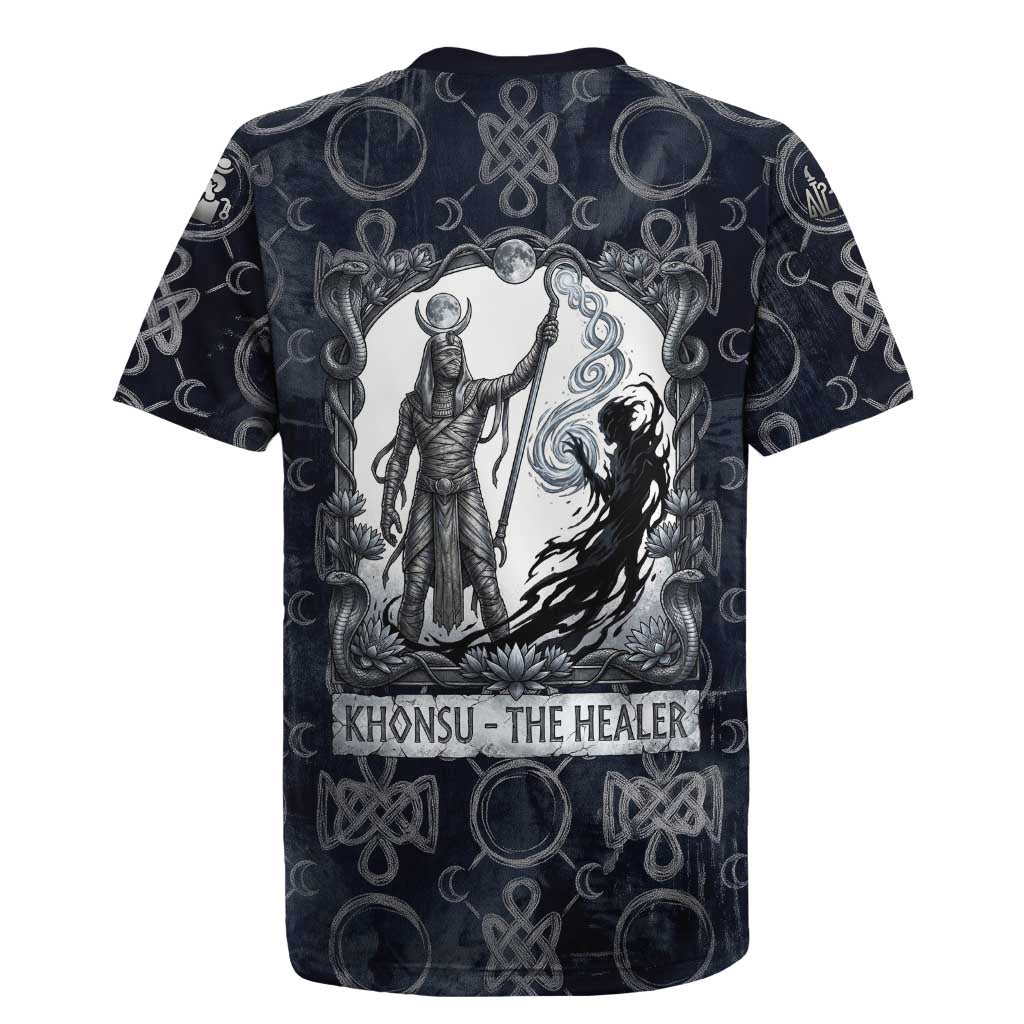 Khonsu Ancient Egyptian Rugby Jersey with Dark Celtic Knot Pattern, Baboon Guardian Symbol, and Moon Healer Motif - Wonder Print Shop
