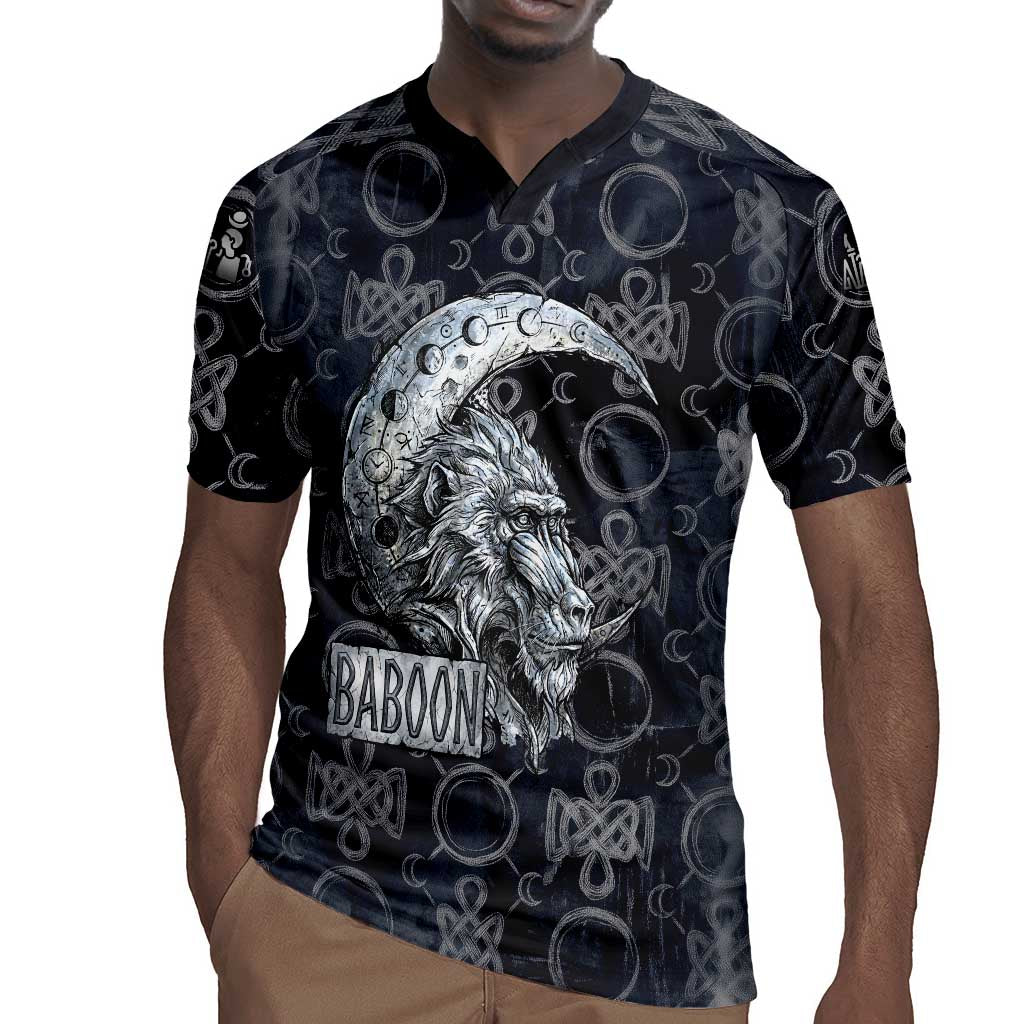 Khonsu Ancient Egyptian Rugby Jersey with Dark Celtic Knot Pattern, Baboon Guardian Symbol, and Moon Healer Motif - Wonder Print Shop