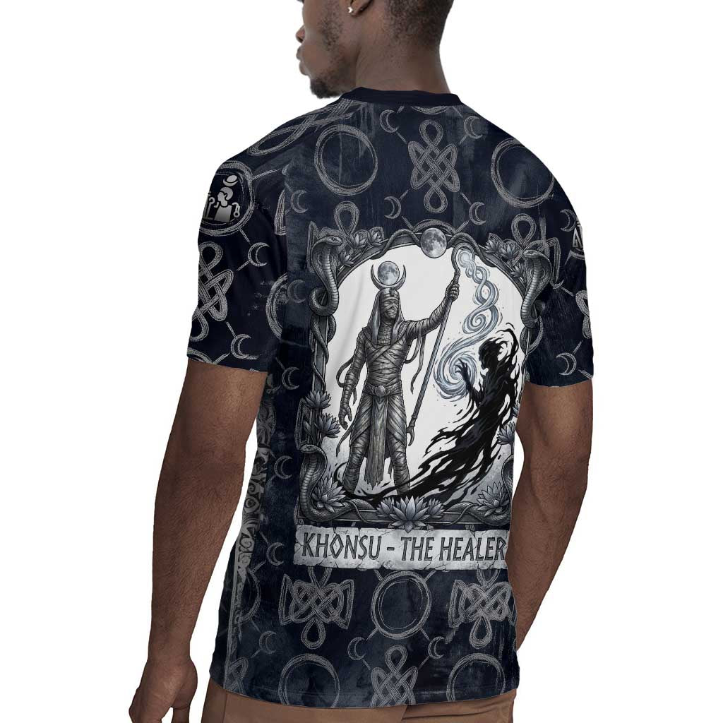 Khonsu Ancient Egyptian Rugby Jersey with Dark Celtic Knot Pattern, Baboon Guardian Symbol, and Moon Healer Motif - Wonder Print Shop