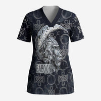 Khonsu Ancient Egyptian Scrub Top with Dark Celtic Knot Pattern, Baboon Guardian Symbol, and Moon Healer Motif - Wonder Print Shop