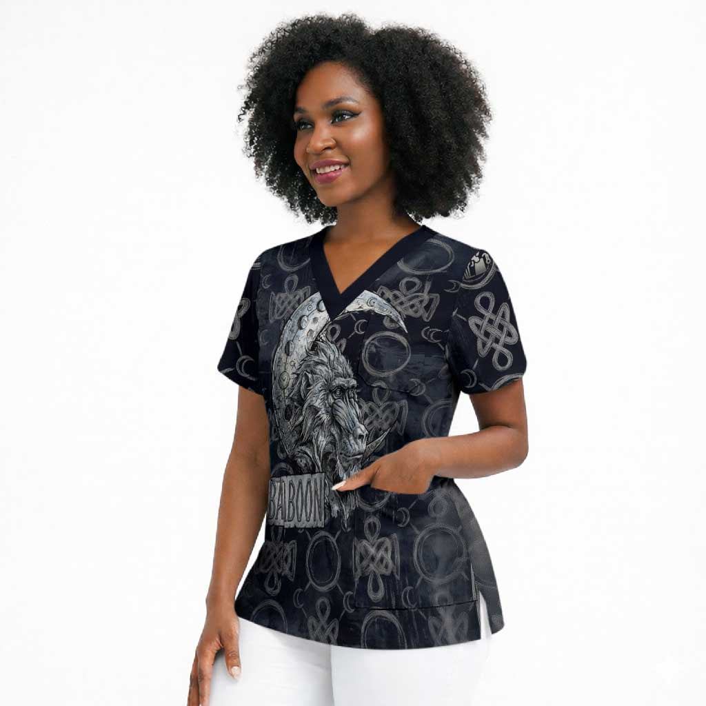 Khonsu Ancient Egyptian Scrub Top with Dark Celtic Knot Pattern, Baboon Guardian Symbol, and Moon Healer Motif - Wonder Print Shop