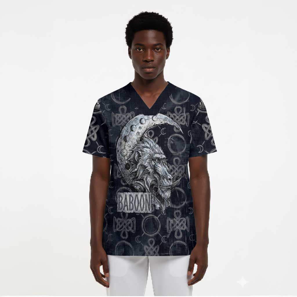 Khonsu Ancient Egyptian Scrub Top with Dark Celtic Knot Pattern, Baboon Guardian Symbol, and Moon Healer Motif - Wonder Print Shop