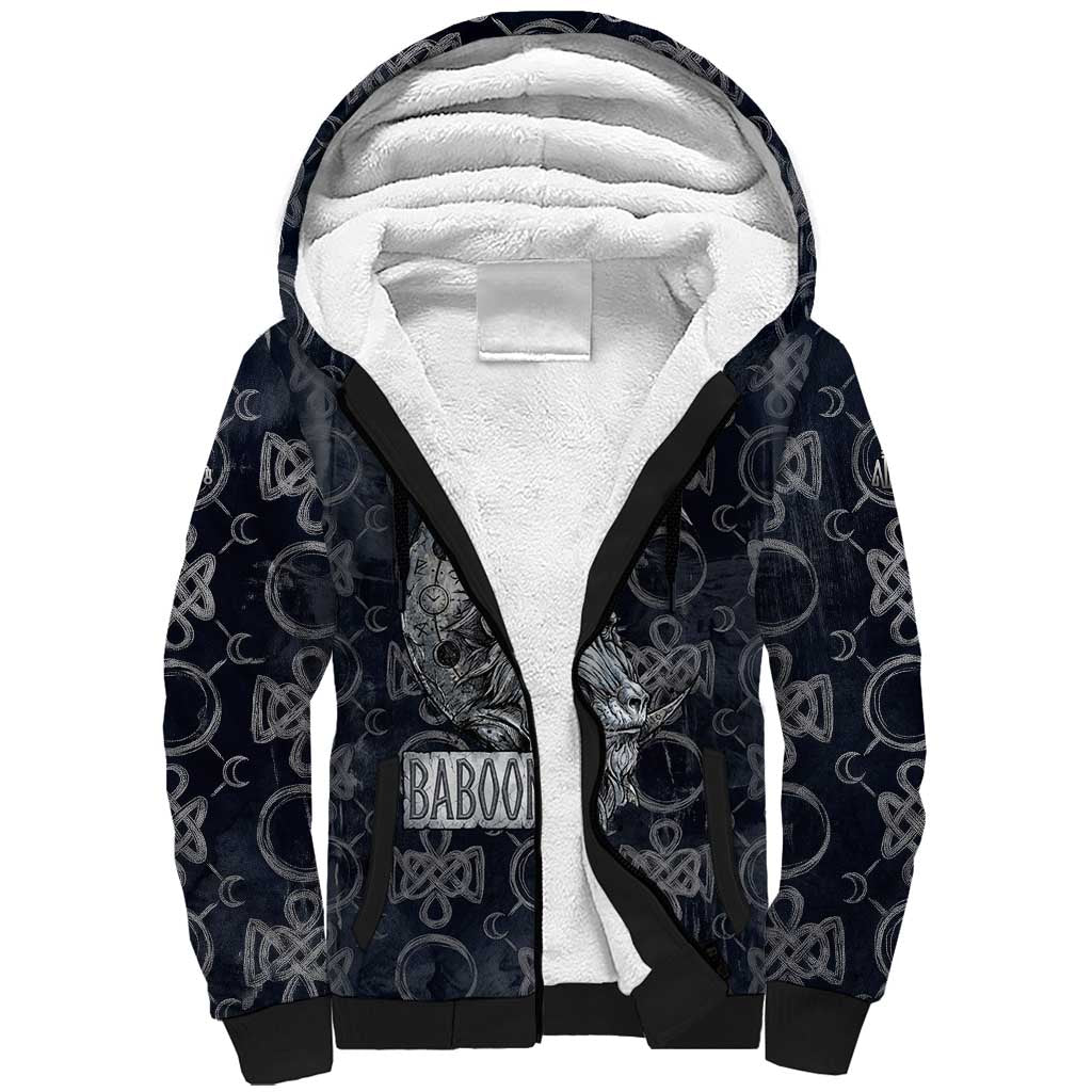 Khonsu Ancient Egyptian Sherpa Hoodie with Dark Celtic Knot Pattern, Baboon Guardian Symbol, and Moon Healer Motif - Wonder Print Shop