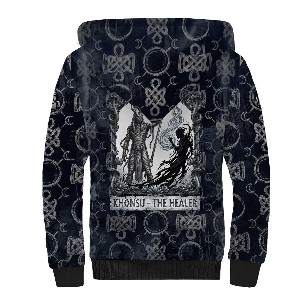Khonsu Ancient Egyptian Sherpa Hoodie with Dark Celtic Knot Pattern, Baboon Guardian Symbol, and Moon Healer Motif - Wonder Print Shop