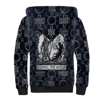 Khonsu Ancient Egyptian Sherpa Hoodie with Dark Celtic Knot Pattern, Baboon Guardian Symbol, and Moon Healer Motif - Wonder Print Shop