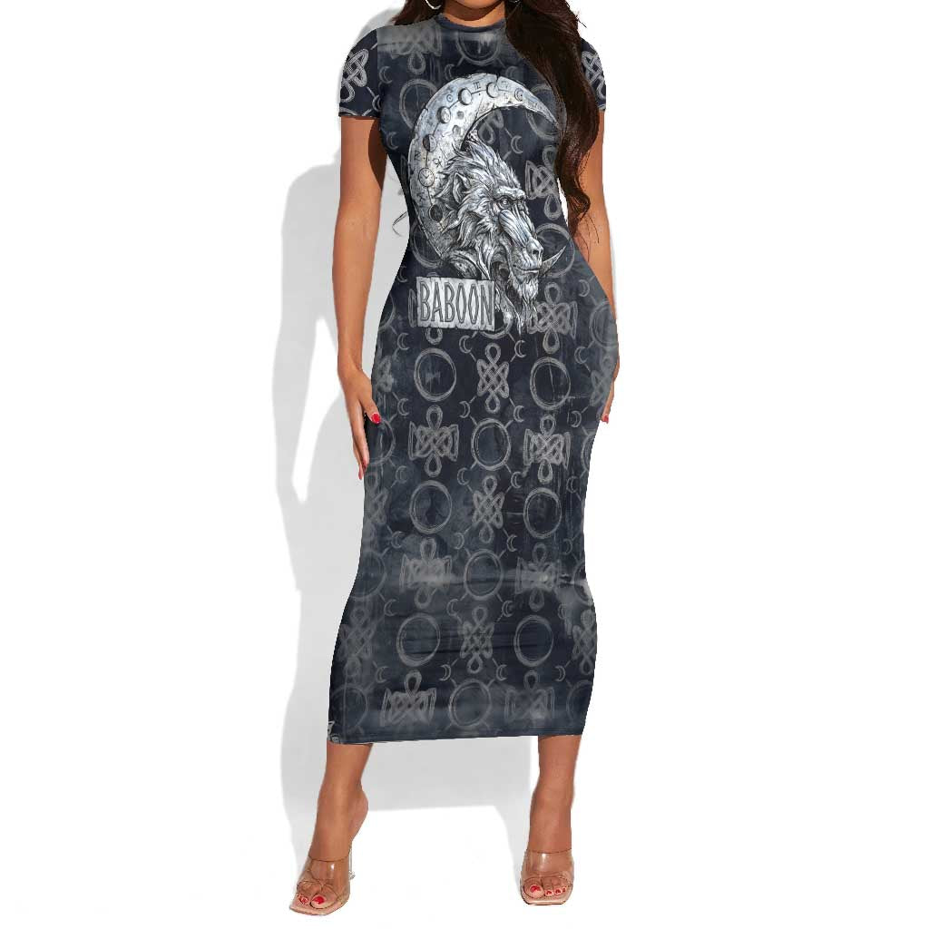 Khonsu Ancient Egyptian Short Sleeve Bodycon Dress with Dark Celtic Knot Pattern, Baboon Guardian Symbol, and Moon Healer Motif - Wonder Print Shop
