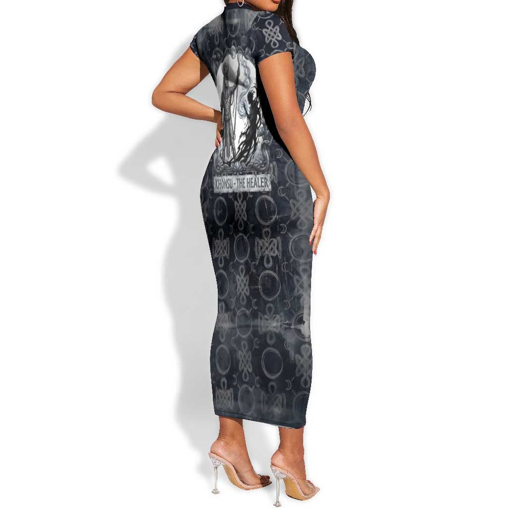 Khonsu Ancient Egyptian Short Sleeve Bodycon Dress with Dark Celtic Knot Pattern, Baboon Guardian Symbol, and Moon Healer Motif - Wonder Print Shop