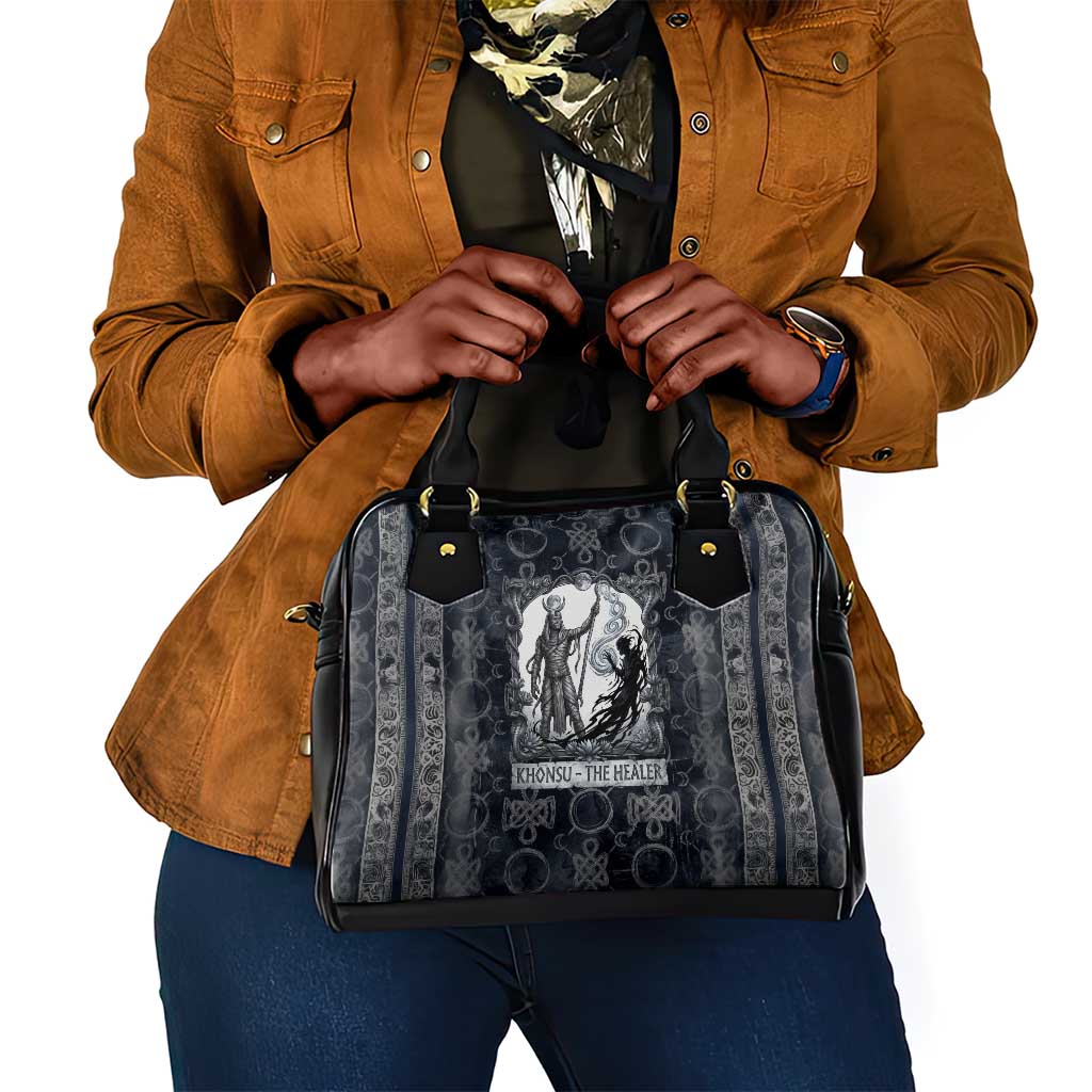 Khonsu Ancient Egyptian Shoulder Handbag with Dark Celtic Knot Pattern, Baboon Guardian Symbol, and Moon Healer Motif - Wonder Print Shop