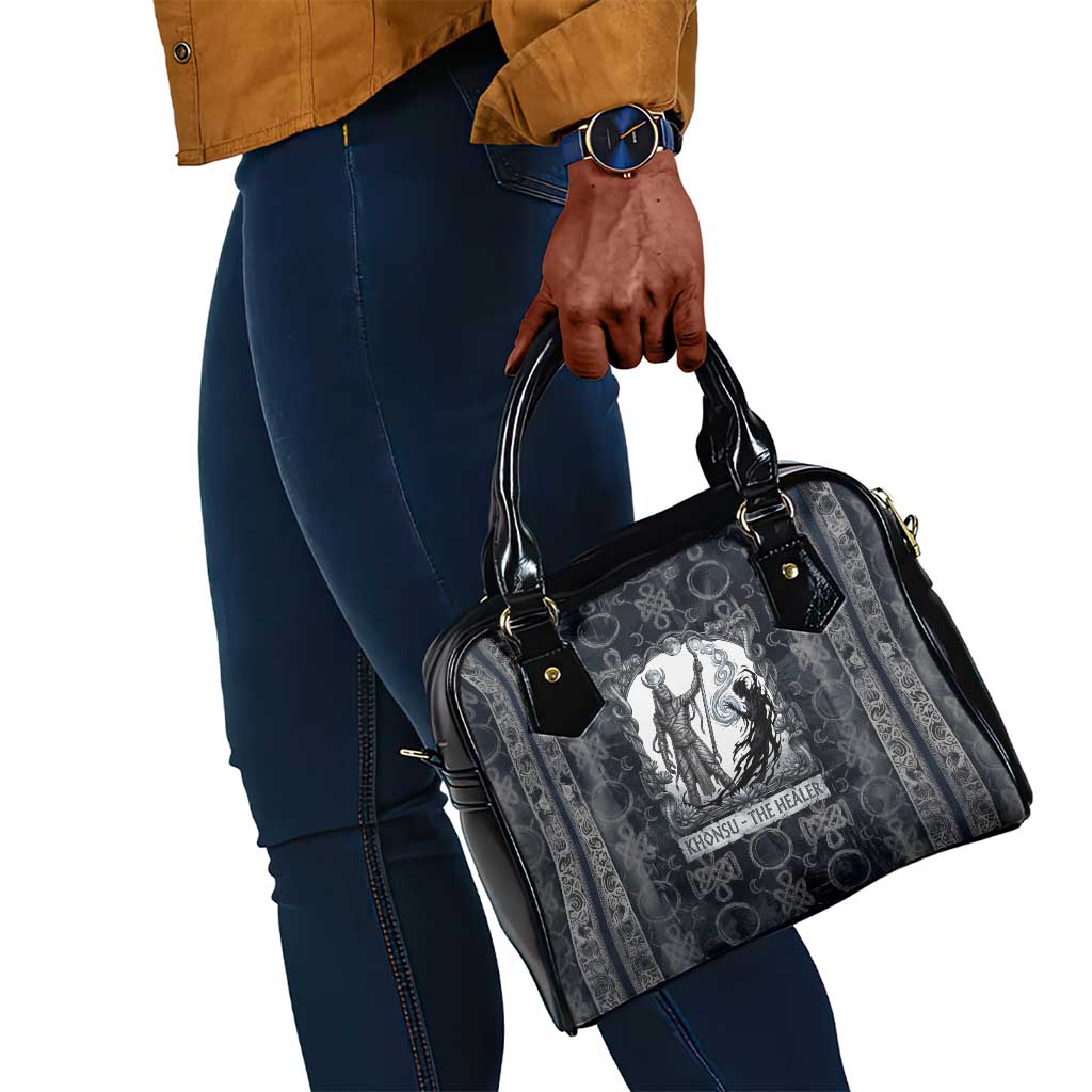 Khonsu Ancient Egyptian Shoulder Handbag with Dark Celtic Knot Pattern, Baboon Guardian Symbol, and Moon Healer Motif - Wonder Print Shop