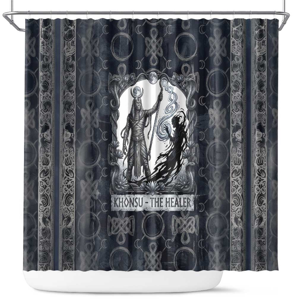 Khonsu Ancient Egyptian Shower Curtain with Dark Celtic Knot Pattern, Baboon Guardian Symbol, and Moon Healer Motif - Wonder Print Shop