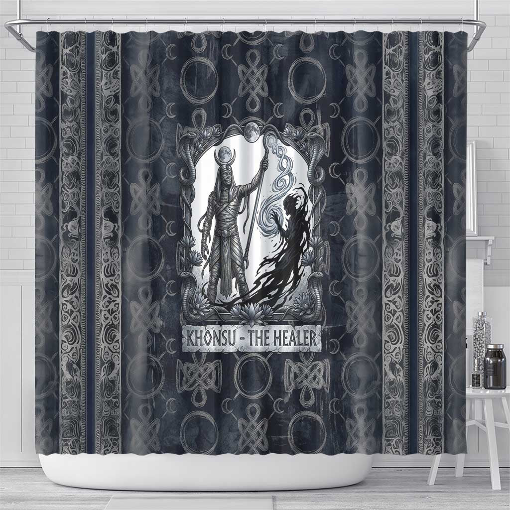 Khonsu Ancient Egyptian Shower Curtain with Dark Celtic Knot Pattern, Baboon Guardian Symbol, and Moon Healer Motif - Wonder Print Shop