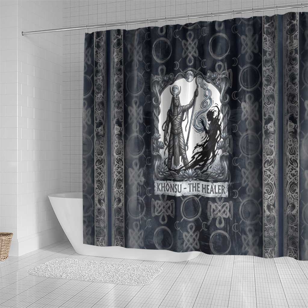 Khonsu Ancient Egyptian Shower Curtain with Dark Celtic Knot Pattern, Baboon Guardian Symbol, and Moon Healer Motif - Wonder Print Shop