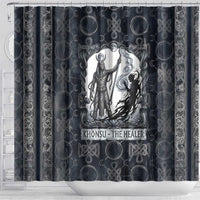 Khonsu Ancient Egyptian Shower Curtain with Dark Celtic Knot Pattern, Baboon Guardian Symbol, and Moon Healer Motif - Wonder Print Shop