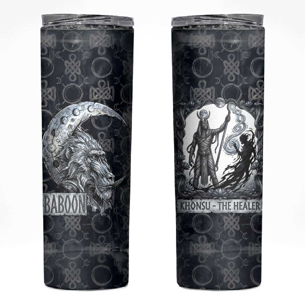 Khonsu Ancient Egyptian Skinny Tumbler with Dark Celtic Knot Pattern, Baboon Guardian Symbol, and Moon Healer Motif - Wonder Print Shop