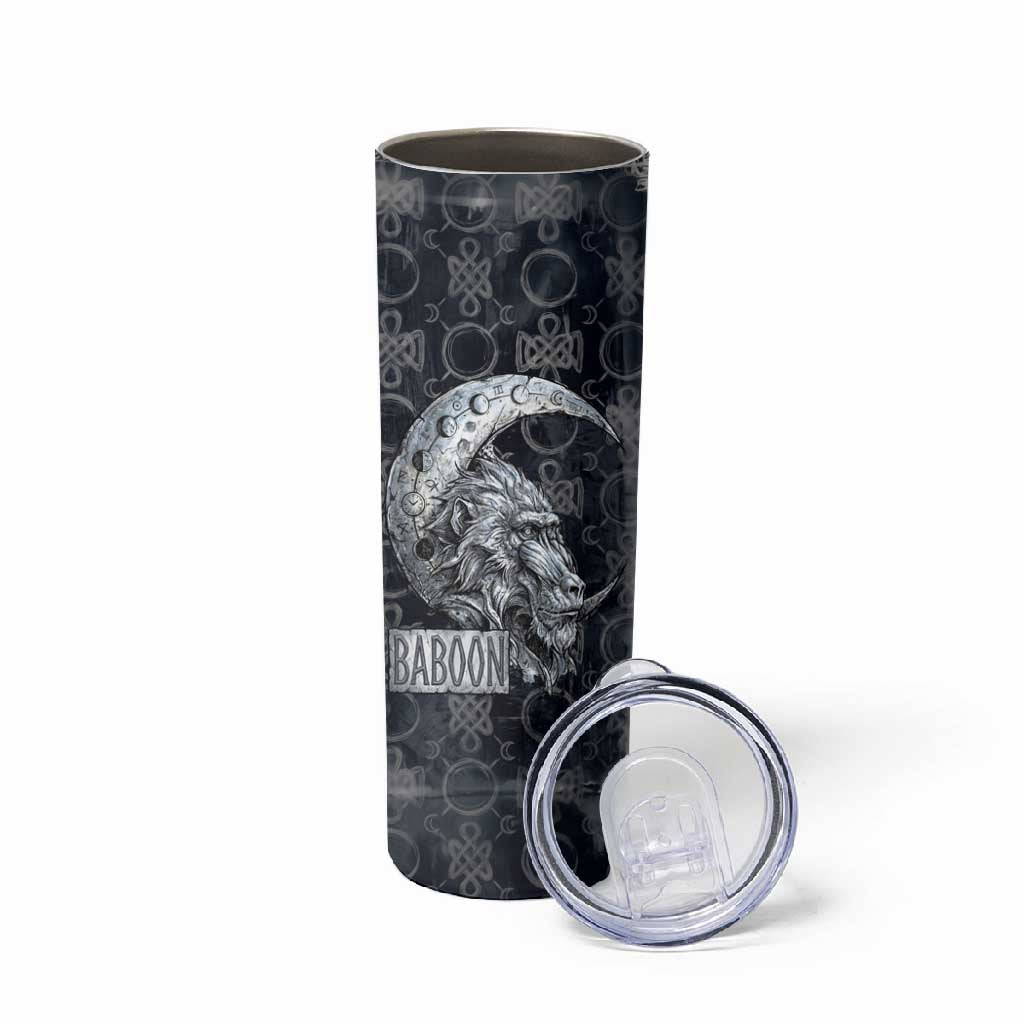 Khonsu Ancient Egyptian Skinny Tumbler with Dark Celtic Knot Pattern, Baboon Guardian Symbol, and Moon Healer Motif - Wonder Print Shop
