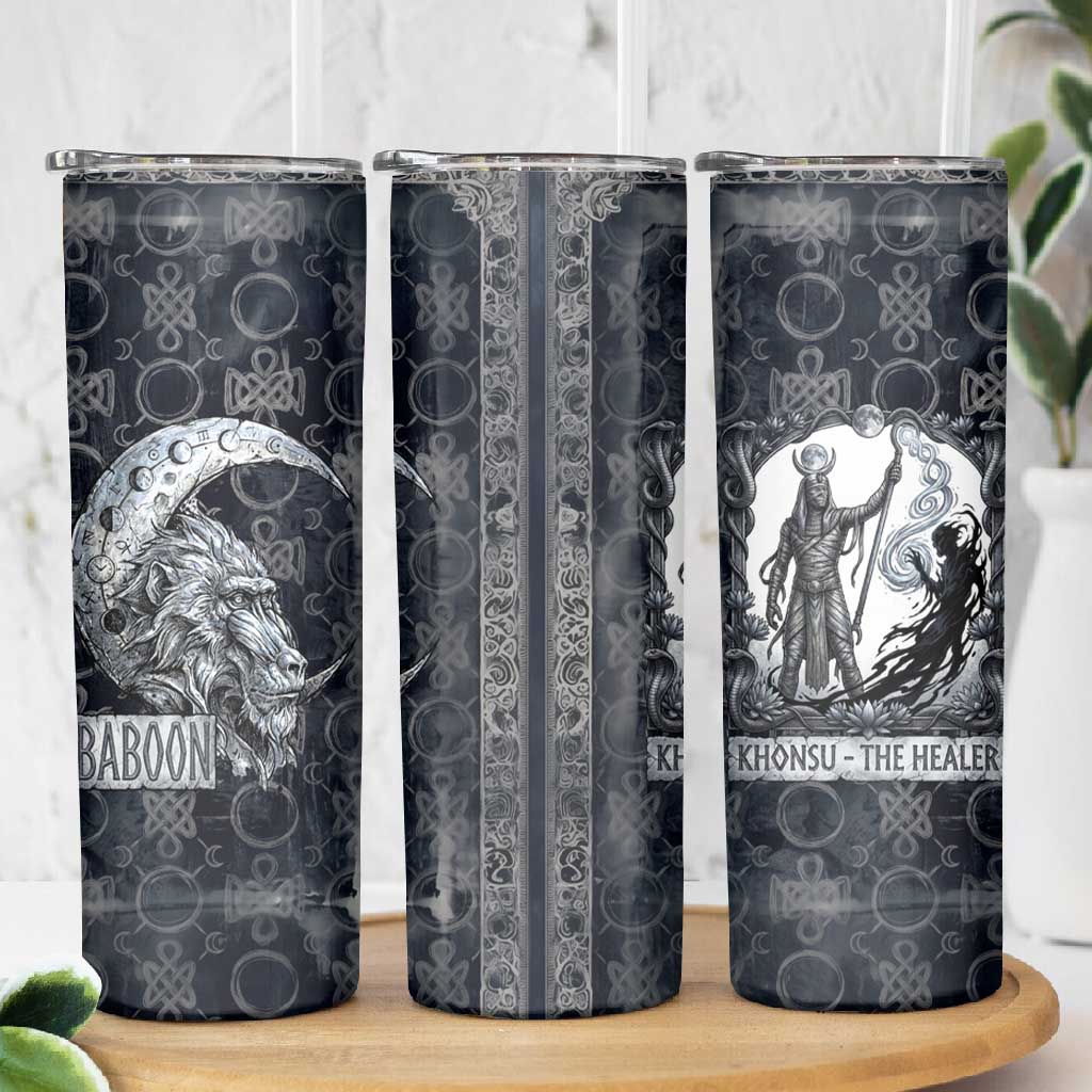 Khonsu Ancient Egyptian Skinny Tumbler with Dark Celtic Knot Pattern, Baboon Guardian Symbol, and Moon Healer Motif - Wonder Print Shop