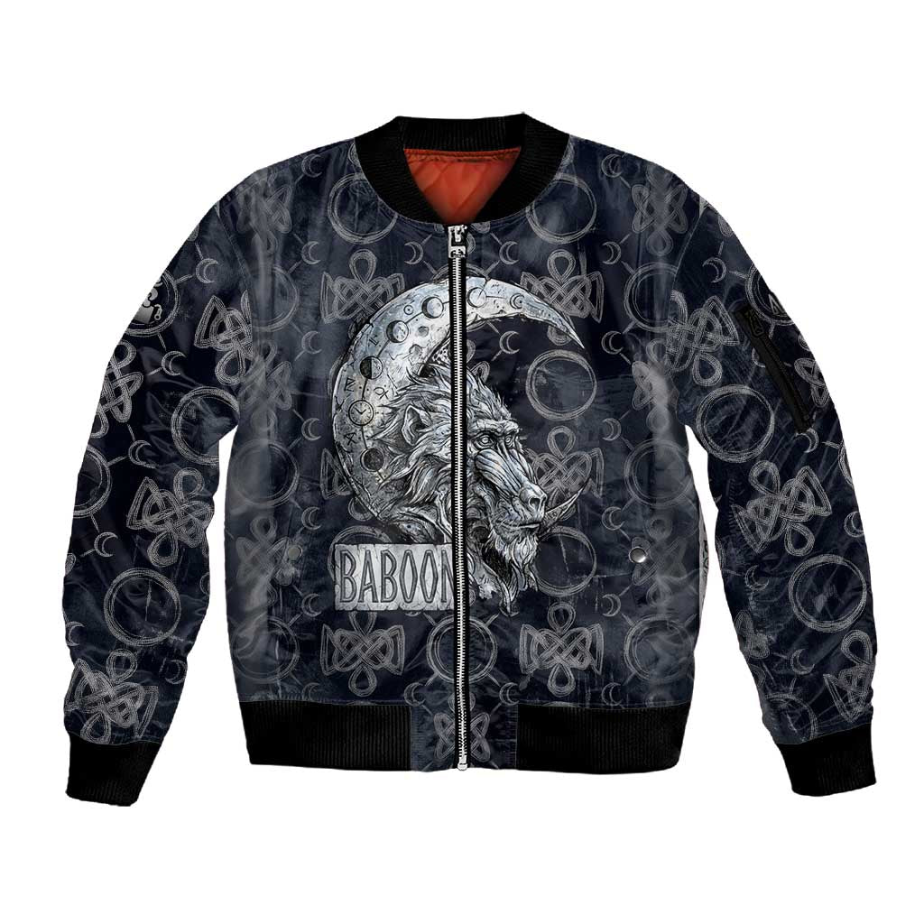 Khonsu Ancient Egyptian Sleeve Zip Bomber Jacket with Dark Celtic Knot Pattern, Baboon Guardian Symbol, and Moon Healer Motif - Wonder Print Shop