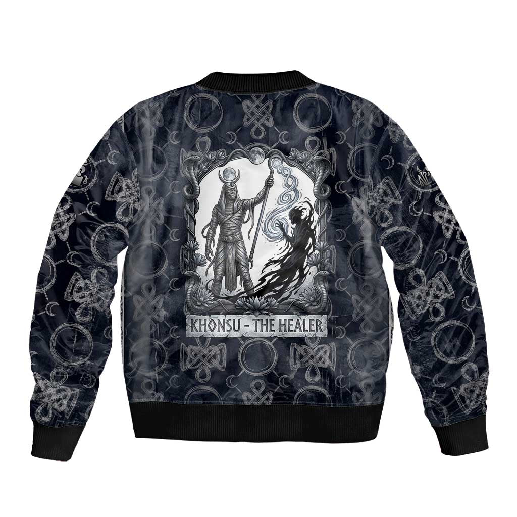 Khonsu Ancient Egyptian Sleeve Zip Bomber Jacket with Dark Celtic Knot Pattern, Baboon Guardian Symbol, and Moon Healer Motif - Wonder Print Shop