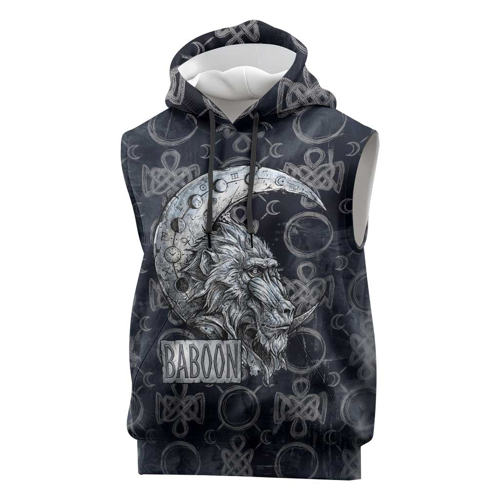 Khonsu Ancient Egyptian Sleeveless Hoodie with Dark Celtic Knot Pattern, Baboon Guardian Symbol, and Moon Healer Motif - Wonder Print Shop