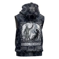 Khonsu Ancient Egyptian Sleeveless Hoodie with Dark Celtic Knot Pattern, Baboon Guardian Symbol, and Moon Healer Motif - Wonder Print Shop
