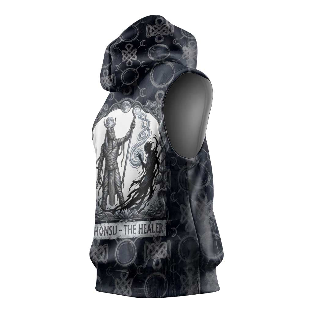 Khonsu Ancient Egyptian Sleeveless Hoodie with Dark Celtic Knot Pattern, Baboon Guardian Symbol, and Moon Healer Motif - Wonder Print Shop