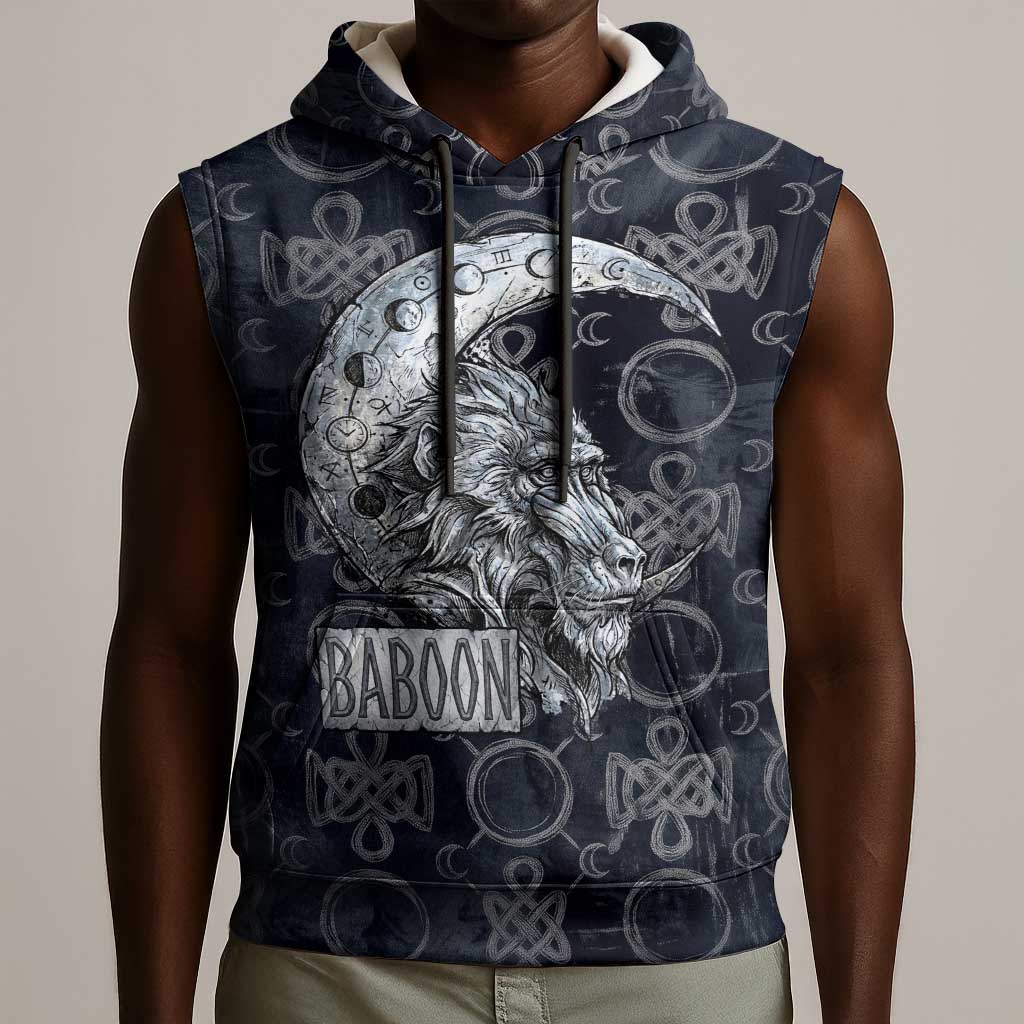 Khonsu Ancient Egyptian Sleeveless Hoodie with Dark Celtic Knot Pattern, Baboon Guardian Symbol, and Moon Healer Motif - Wonder Print Shop