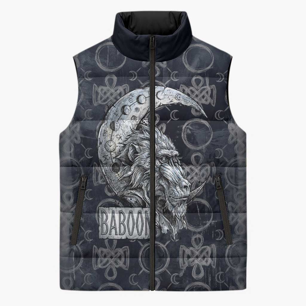 Khonsu Ancient Egyptian Sleeveless Puffer Jacket with Dark Celtic Knot Pattern, Baboon Guardian Symbol, and Moon Healer Motif - Wonder Print Shop