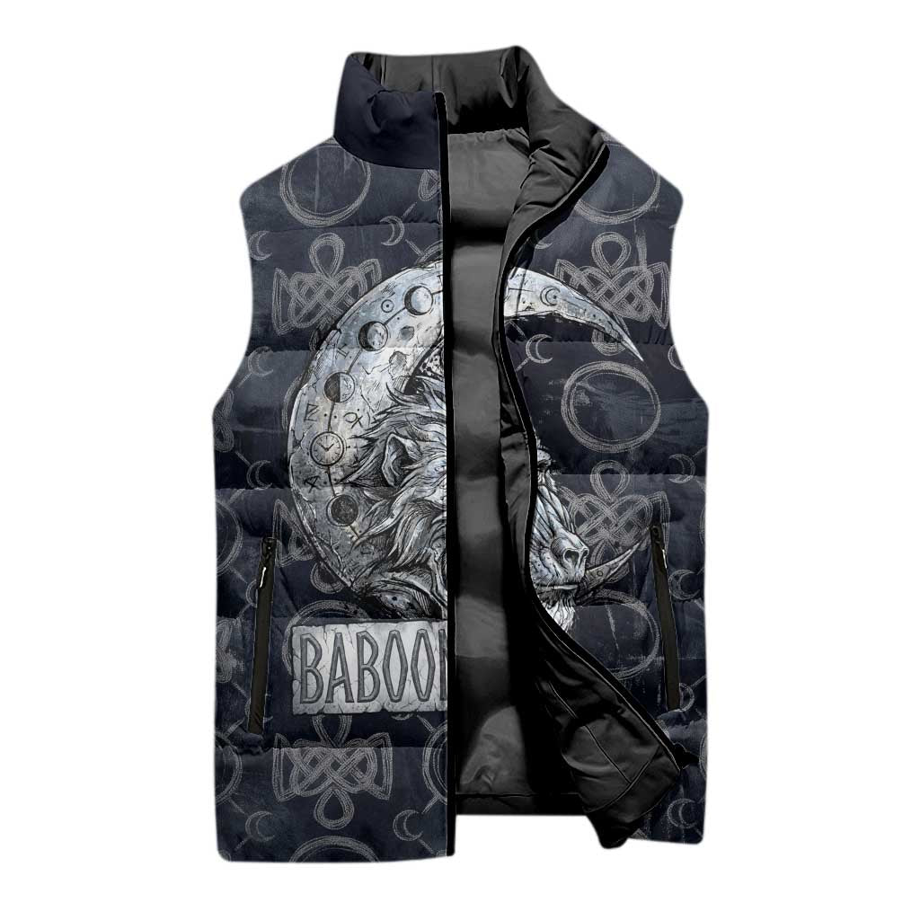 Khonsu Ancient Egyptian Sleeveless Puffer Jacket with Dark Celtic Knot Pattern, Baboon Guardian Symbol, and Moon Healer Motif - Wonder Print Shop