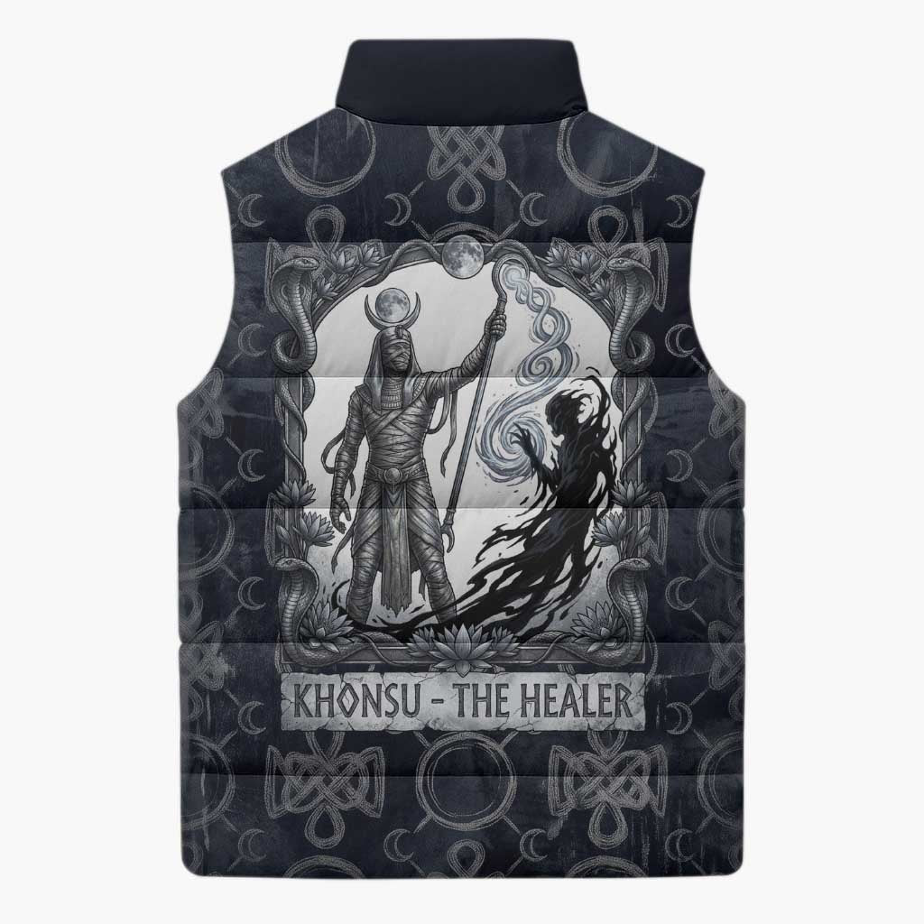 Khonsu Ancient Egyptian Sleeveless Puffer Jacket with Dark Celtic Knot Pattern, Baboon Guardian Symbol, and Moon Healer Motif - Wonder Print Shop