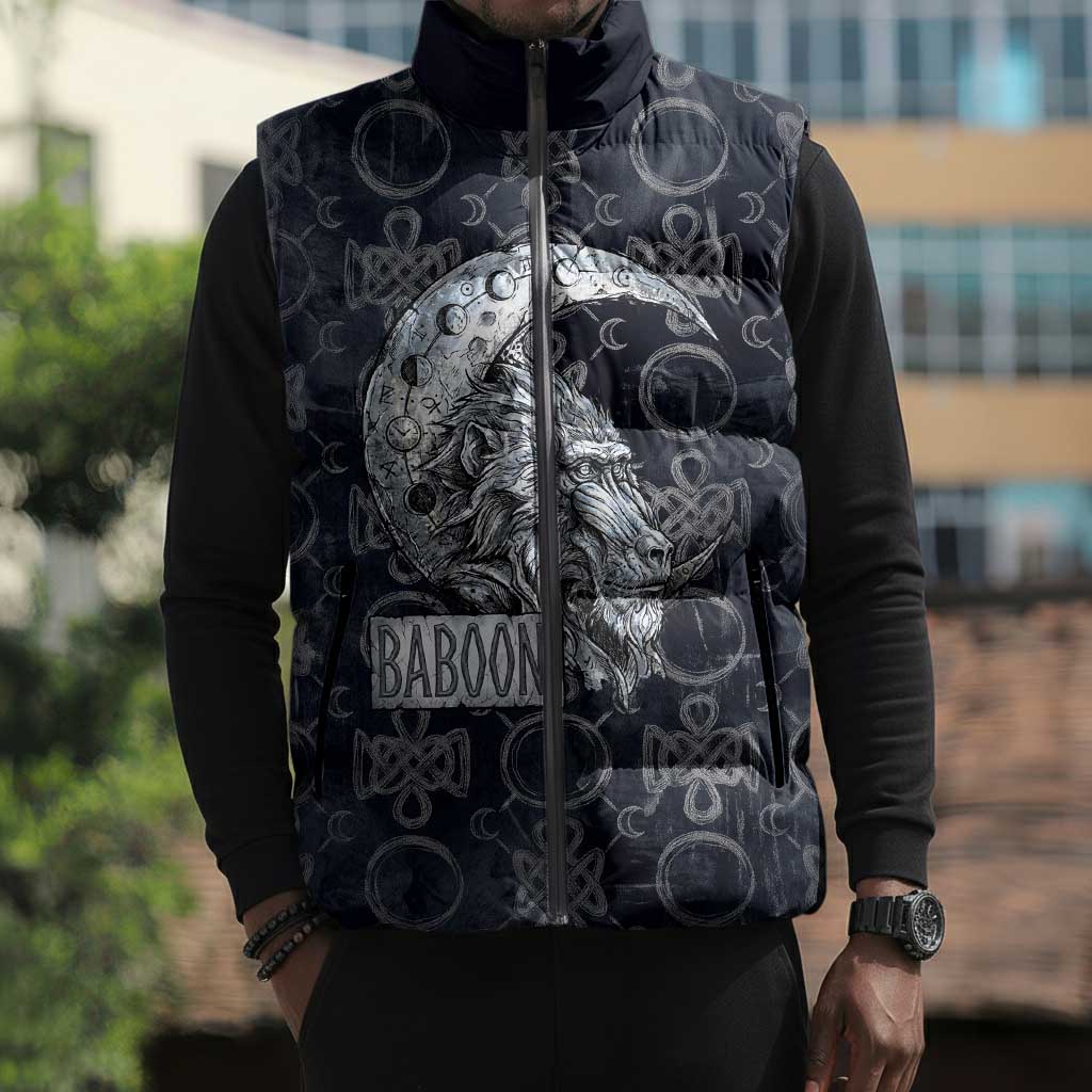Khonsu Ancient Egyptian Sleeveless Puffer Jacket with Dark Celtic Knot Pattern, Baboon Guardian Symbol, and Moon Healer Motif - Wonder Print Shop