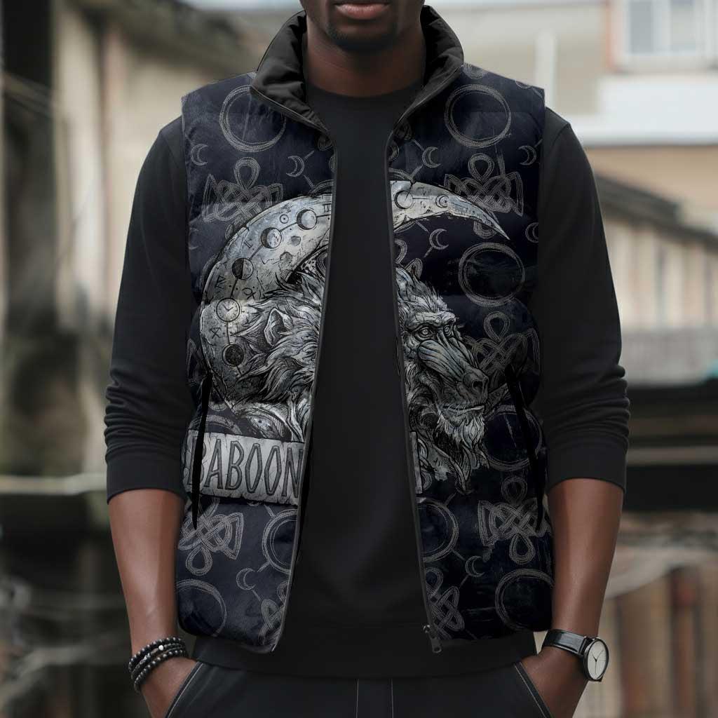 Khonsu Ancient Egyptian Sleeveless Puffer Jacket with Dark Celtic Knot Pattern, Baboon Guardian Symbol, and Moon Healer Motif - Wonder Print Shop