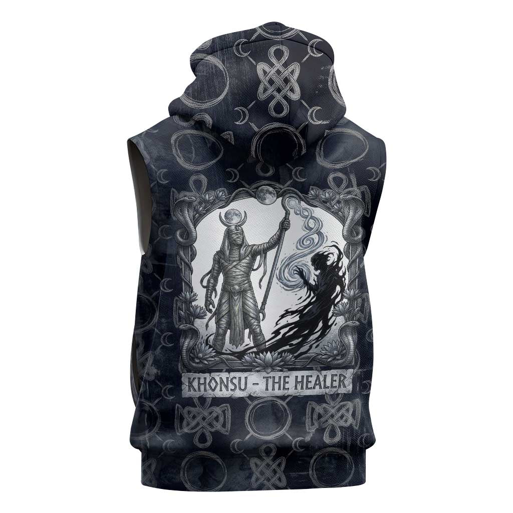 Khonsu Ancient Egyptian Sleeveless Zip Hoodie with Dark Celtic Knot Pattern, Baboon Guardian Symbol, and Moon Healer Motif - Wonder Print Shop