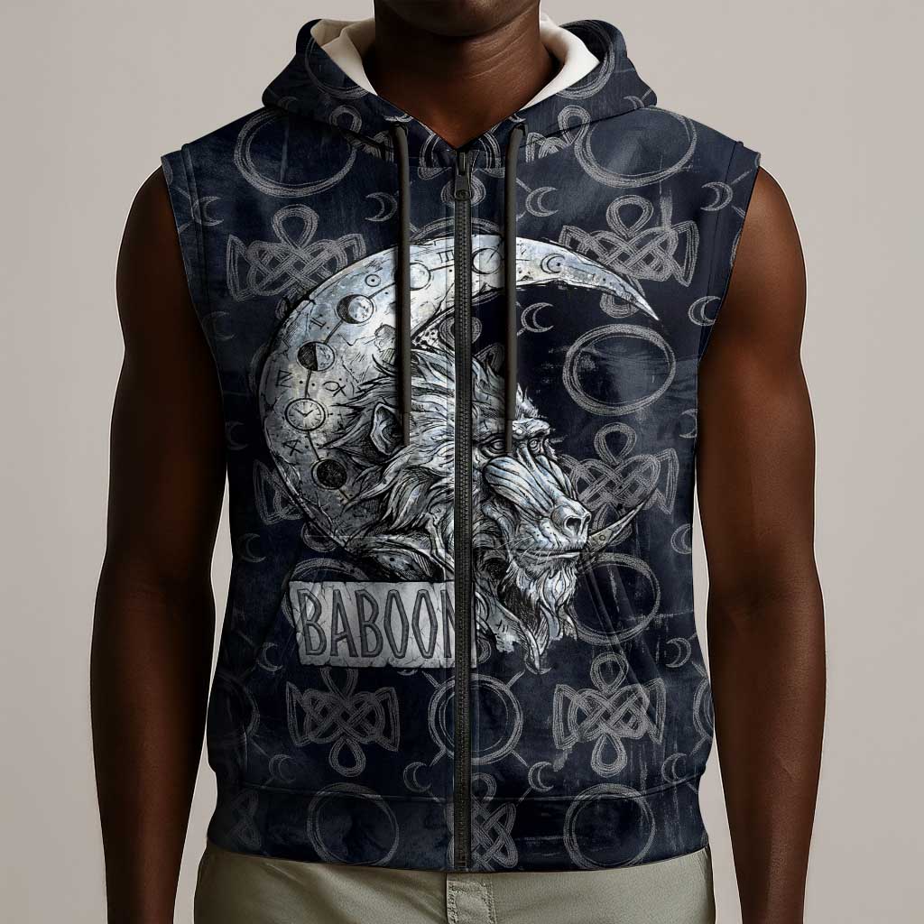 Khonsu Ancient Egyptian Sleeveless Zip Hoodie with Dark Celtic Knot Pattern, Baboon Guardian Symbol, and Moon Healer Motif - Wonder Print Shop