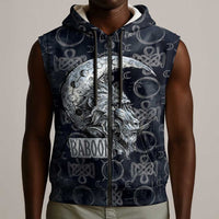 Khonsu Ancient Egyptian Sleeveless Zip Hoodie with Dark Celtic Knot Pattern, Baboon Guardian Symbol, and Moon Healer Motif - Wonder Print Shop