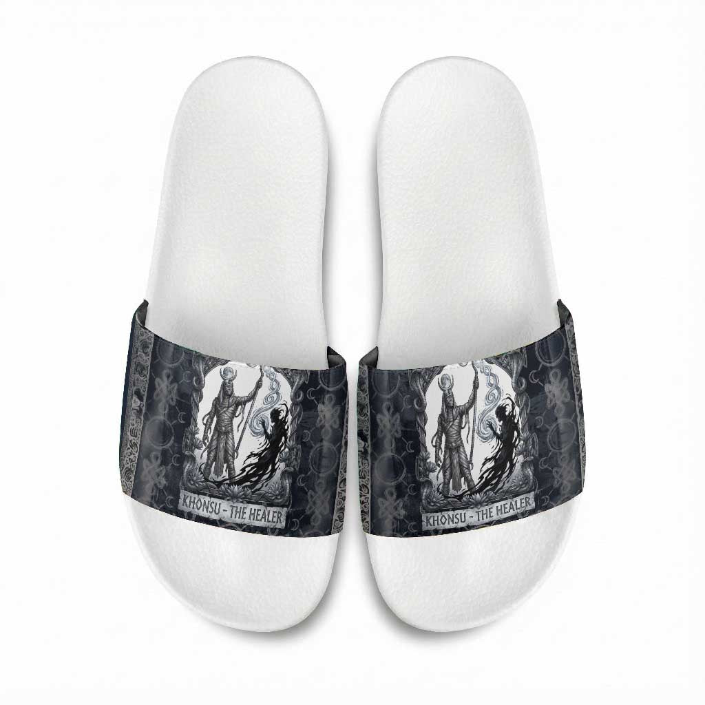 Khonsu Ancient Egyptian Slide Sandals with Dark Celtic Knot Pattern, Baboon Guardian Symbol, and Moon Healer Motif - Wonder Print Shop