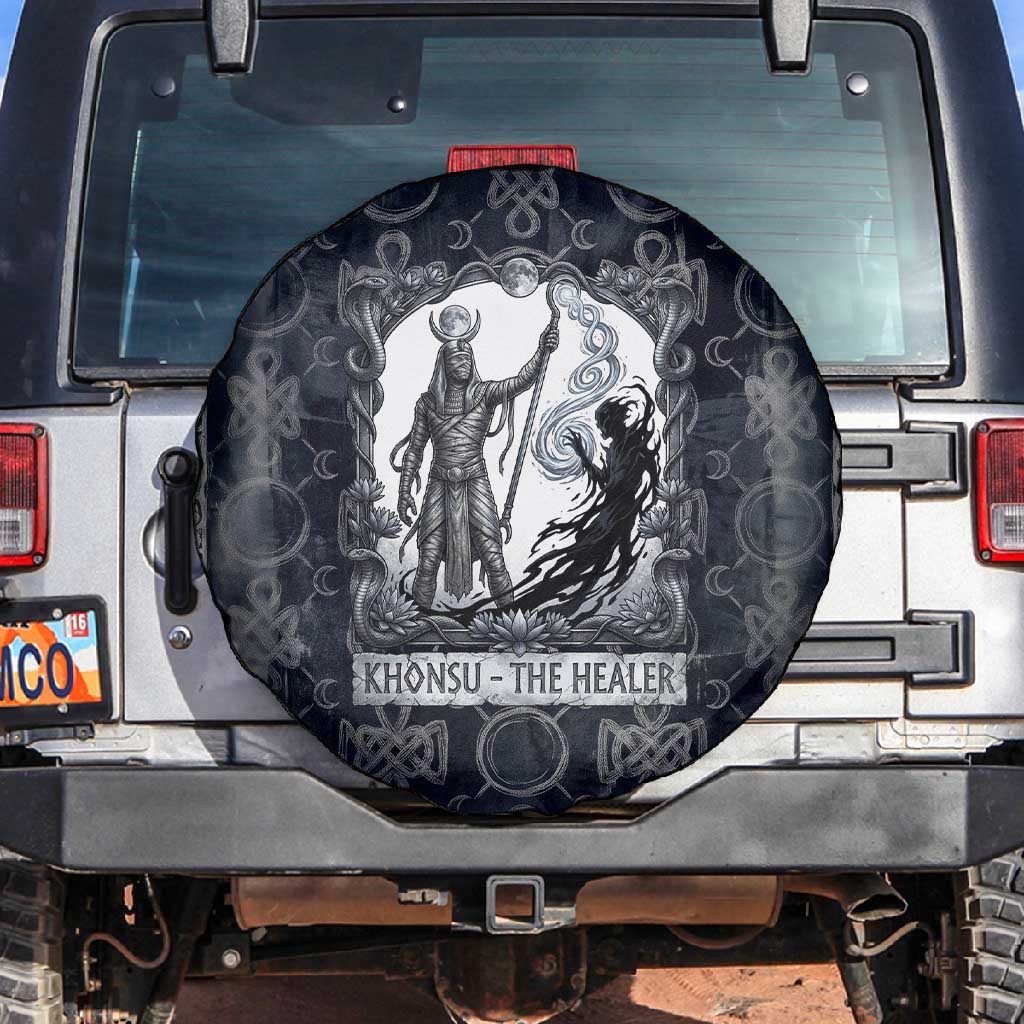 Khonsu Ancient Egyptian Spare Tire Cover with Dark Celtic Knot Pattern, Baboon Guardian Symbol, and Moon Healer Motif - Wonder Print Shop